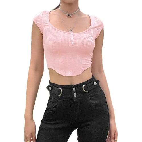 Women Summer Fashion Short Sleeve U-neck Crop Top Fashion Buttons Solid Color Tops 2020 New Hot