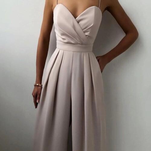 2021 Womens Sexy Joker Spaghetti Strap Solid Elegant High Waist Wide Leg Pink Jumpsuits Spring Chiffon European and American