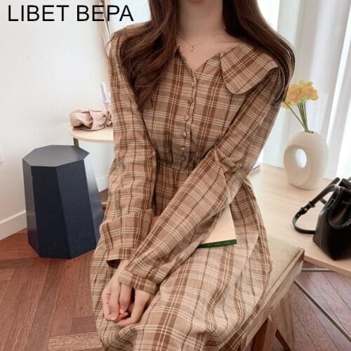2021 New Spring Fall Women Dress Plaid Elastic Waist Single-breasted Doll Collar Fashion High Waist Academic Style Casual DR2036