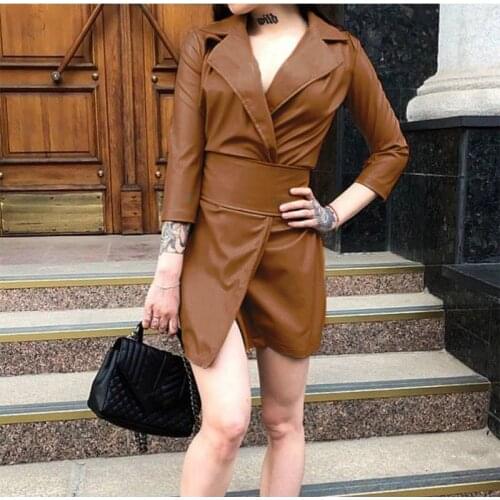 Womens Solid Color Slim Turn Collar Dresses 2021 Faux PU Leather Bandage Ladies Jacket Short Dress with Belt Spring Streetwear