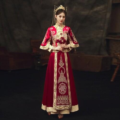 Women Cheongsam Red Qipao Asian Bride Dress Ancient Classic Royal Noble Banquet Clothing Embroidery elegant Oriental costume