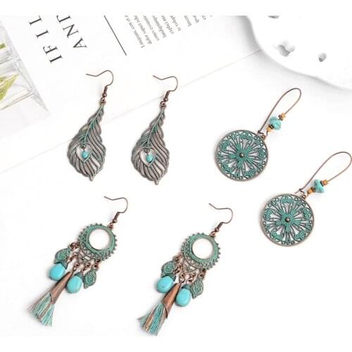 3 pairs / set Vintage Bohemian tassel feather dream catcher pendant drop earrings ethnic fashion womens pendant earring jewelry
