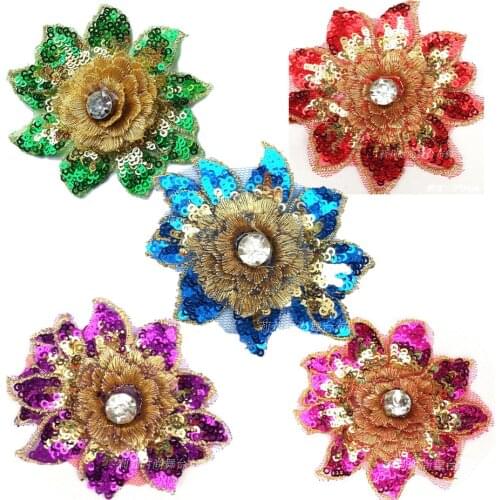 YACKALASI 10 Pcs 3D Flower Appliqued Sequined Paches Rhinestone Petals Hair Accessory Sewing Apparel Trims 7.5cm