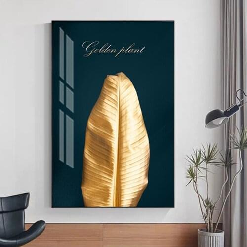 Abstract Golden Leaves Canvas Painting Big Wall Art Picture for Living Room Festive Cuadros Decor Nordic Deep Green Poster Print