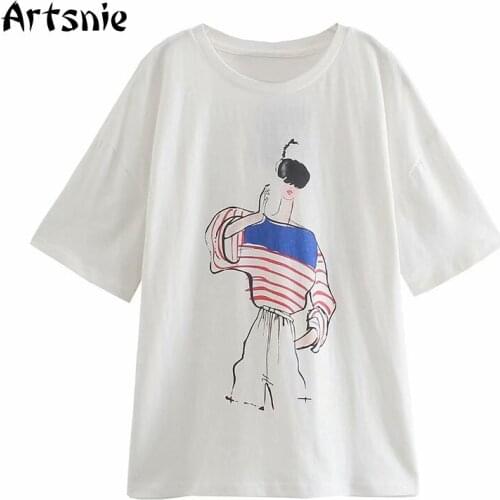 Artsnie Comics Cartoon Print T Shirt Women Summer 2021 O Neck Short Sleeve Tops Female Streetwear Casual Ladies White T-shirts
