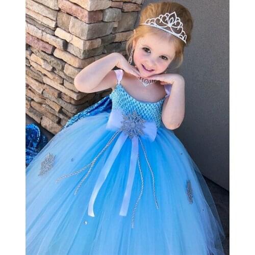 Girls Turquoise Snow Tutu Dress Kids Crochet Tulle Dress Ball Gown with Crown Children Wedding Party Costume Anna Princess Dress