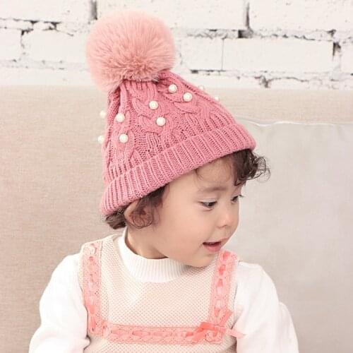 Big Pompom Baby Hat Winter Autumn With Pearl Warm Knitted Toddler Kids Hat For Baby Boy Girl Beanie Cap Soft Infant Bonnet 1-3Y