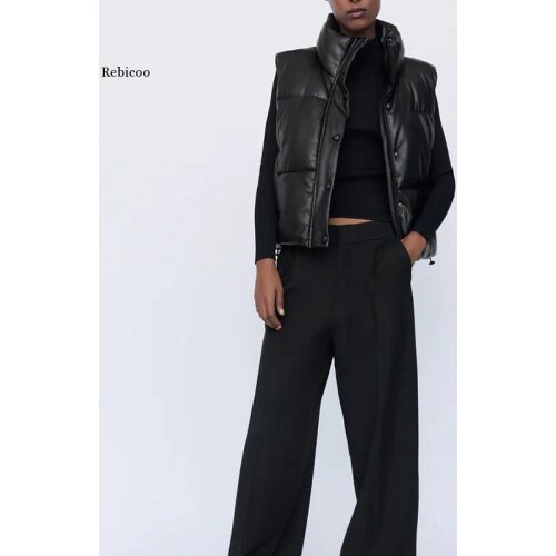 Black Stand Collar Vests Women Fashion Zipper Pu Leather Coats Women Elegant Autumn Winter Short Vests Female Ladies