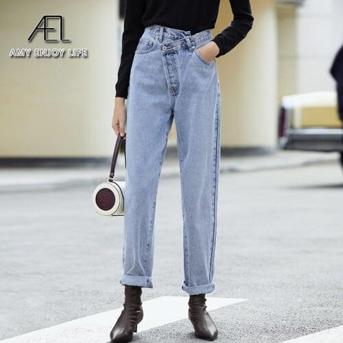 AEL Spring Jeans Woman Asymmetry High Waist Loose Denim Long Pants for women Washed Cotton Light Blue Fashion Streetwear