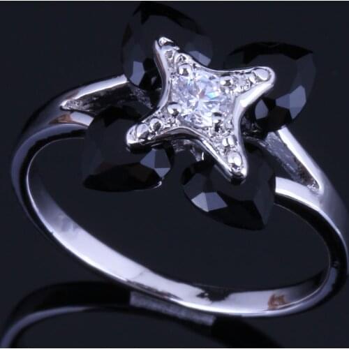 Imprssive Heart Shaped Black Cubic Zirconia Silver Plated Ring V0424