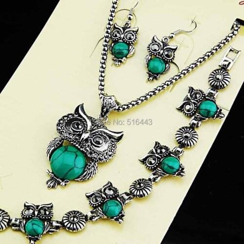 Jewelry Set 2015 New Arrival 3pcs Vintage Antique Silver Rhinestones Owl Natural Green Turquoise Earrings Bracelet Necklace 1091
