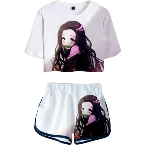 Summer Exposed navel shorts and Tshirt kit Demon Slayer Cosplay CostumeKamado Tanjirou Nezuko