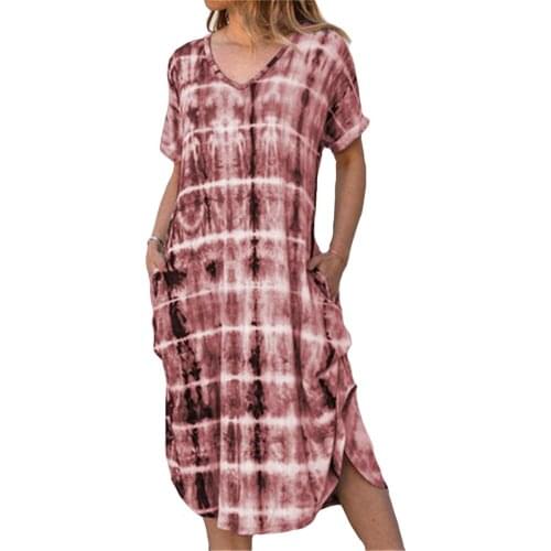 Summer Women Dresses V-neck Printed Dyeing Short Sleeve Loose Dress New Casual Cotton Blend Female Vacation Beach Dress Vestidos