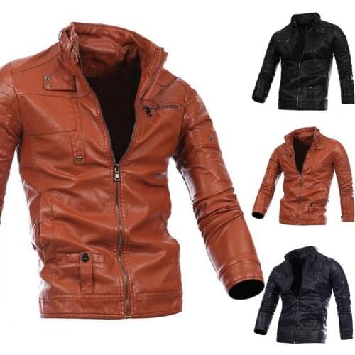 Fashion Men Autumn Winter Faux Leather Stand Collar Zipper Pockets Slim Jacket