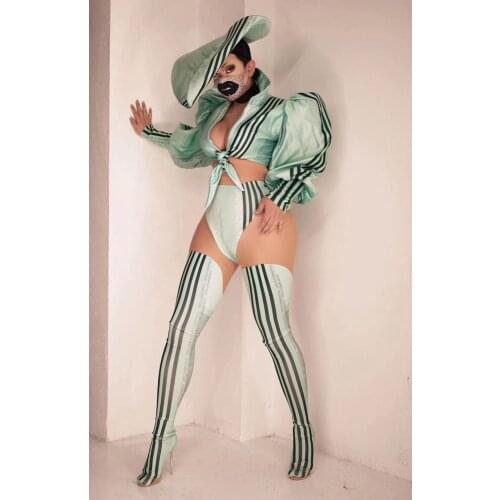 Fashion Striped Puff Sleeve Top Short Hat 3 Pieces Set Costume Stage Jazz Dance Wear Birthday Party Dress Jacket Headdress