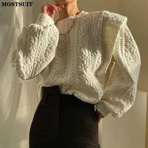 Fashion Loose Ruffles Women Sweatshirts O-neck Lantern Sleeve Ladies Pullovers Casual Women Solid Tops 2021 Autumn