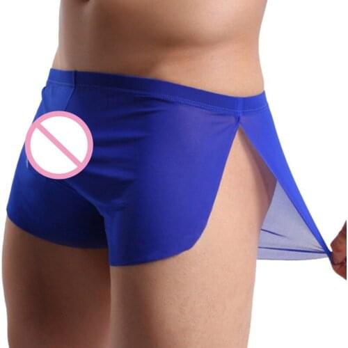 Mens Side Slit Pajama Shorts Sexy Low Waist Ultra-Thin Sleeping Bottom Homewear