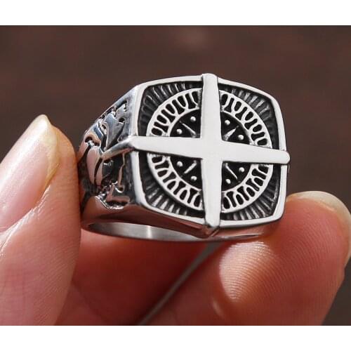 Vintage Men Viking Compass Ring Punk Rock Biker Stainless Steel Cross Ring For Men Unique Stamp Jewelry Gift Wholesale