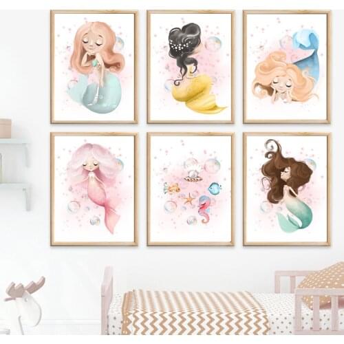 Cartoon Mermaid Seashell Bubbles Cute Wall Art Canvas Painting Nordic Posters And Prints Wall Pictures Kids Kawaii Room Decor