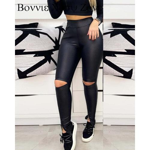 Plain Cutout Zipper Design High Waist PU Leather Pants Skinny Chic Long Pants For Women 2021