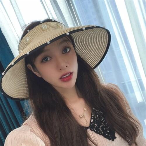Fashion Summer Women Adjustable Straw Hats Pearl Sun Hat For Female Bowknot Beach Panama Cap Straw Gorros
