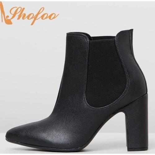 Shofoo Black Female Booties Pointed Toe Ankle Chelsea Boots Woman High Square Heels Large Size 13 16 Winter Fashion Party Shoes