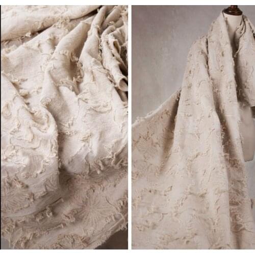 Reconstituted cotton and linen beige jacquard fringed linen washed fabric