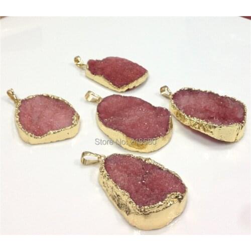 H-DP110 Free Form Cherry Druzy Stone Necklace Pendant Gold Electroplate 35-50mm Long Ramdom in Shape