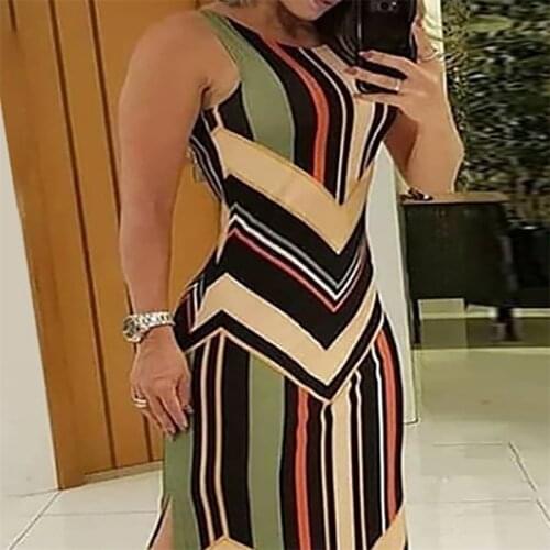 Colorful Striped Printed Bodycon Dress Side Slit Sexy Maxi Dress Women Colorblock Sleeveless Slim Party Long Dresses for Women
