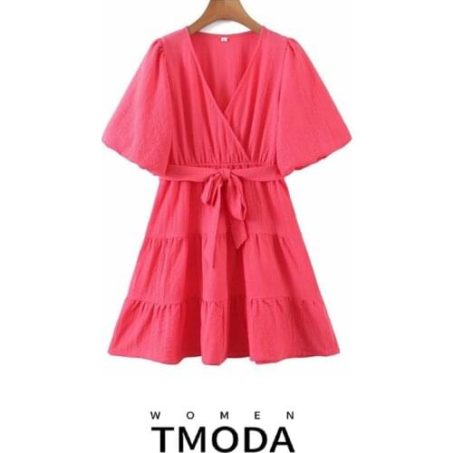 TMODA1439 Za 2021 Summer Women Red French Style A-line Loose Dress with Belt Female Lantern Sleeve Ladies Chic Mini Dress