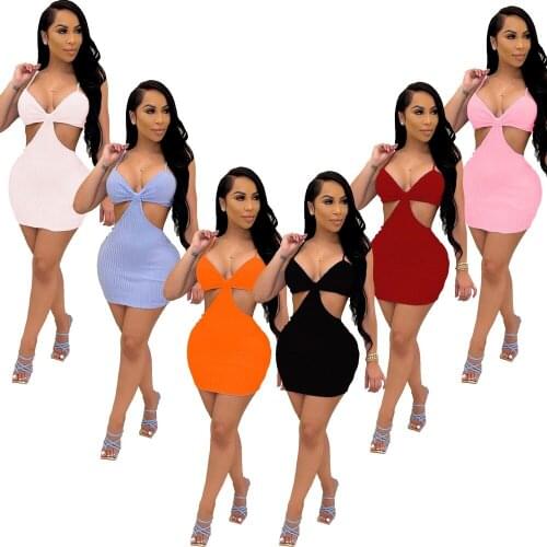 Sexy Bra Knitted Mini Dress Sleeveless Bodycon Party Wear Women Spaghetti Strap Cut out Dresses Summer Night Clubwear for 2021