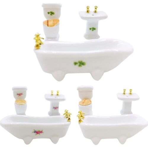 1/24 Vivid Dollhouse Miniature Bathroom Set Ceramic Bathtub Toilet Wash-basin Doll Porcelain Bathtub