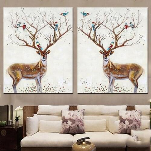 2 Panel Abstract Artistic Deer Elk with Bird Canvas Painting Giclee Animal Print Poster Minimalist Wall Picture For Living Room