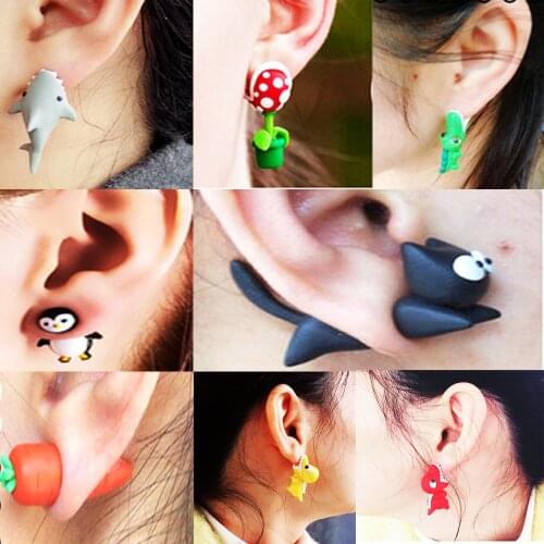 2pcs 100% Handmade Polymer Clay Earrings Cute Animal Ear Studs 3D Cartoon Animals Earring Piercing Jewelry