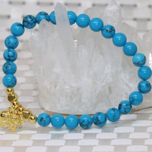 2 style synthetic calaite stone 6mm blue round beads vintage strand bracelet pendant bangle charms beaded jewelry 7.5inch B2105