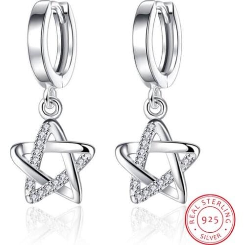 925 Sterling Silver Earrings For Women Hollow CZ Pentagon Star Pendant Drop Earrings pendientes oorbellen S-E480