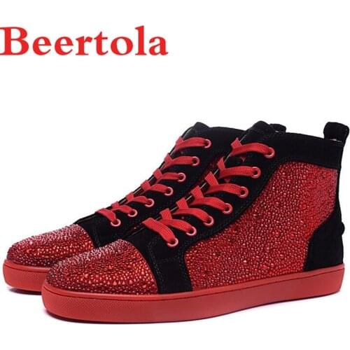 Beertola Flock Mens Casual Shoes Hot Full Crystal Round Toe Lace Up Red And Black Flats Shoes Men Bling Bling Chaussures Male