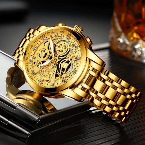 NEKTOM Wrist Watches Men Top Brand Luxury Golden Chronograph Mens Watch Gold Big Dial Man Wristwatch Relogio Masculino