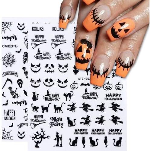 Halloween Nails Black Stickers Nail Art Decals Spider Ghost Pumpkin Cool Spooky Slider Wraps Nail Decor Manicure CHSTZG032-040