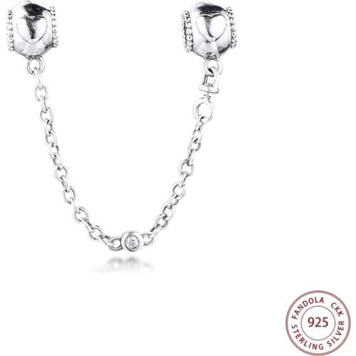 CKK Embossed Hearts Safety Chain Bead 925 Sterling Silver Charms Fits Original Charm Bracelets Bangles Women DIY Jewelry Making