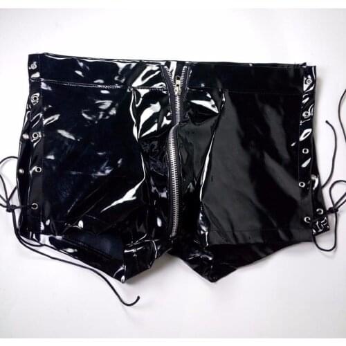 Hot Men Sexy Patent Leather Latex Boxer Shorts Wetlook Pu Zipper Underwear Lace Up Bandage Pole Dance Clubwear Costume