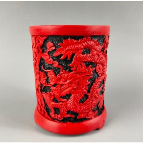 Exquisite Interesting Chinese Classical Traditional Craft Collection Home Decoration Gift Red Lacquerware Dragon Pen Holder
