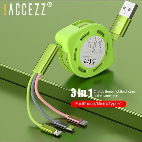 !ACCEZZ 3 in 1 Lighting Cable Micro USB Type C Cable Charging For iPhone 11 Pro Max XS X 8 Samsung Retractable Charger Wire Cord