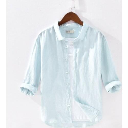 Quality Solid 100% Linen Shirt Men Summer Breathable Three-Quarter Sleeve Flax Business Dress Shirts Camisa Masculina TS-628