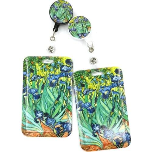 Van gogh Oil Painting Irises Cute Card Cover Clip Lanyard Retractable Student Nurse Badge Reel Clip Cartoon ID Card Badge