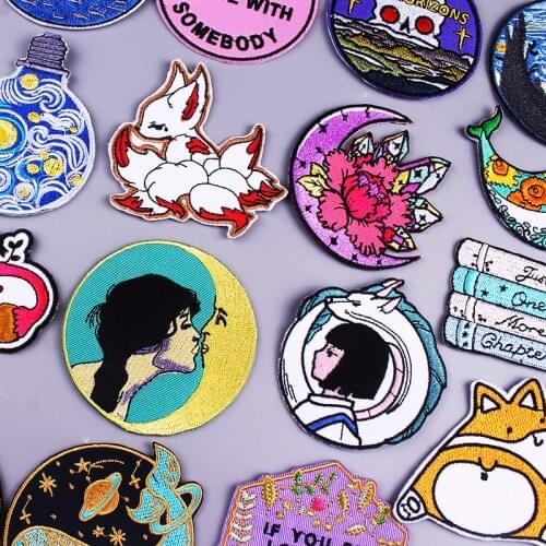 Kawaii Cartoon/Cat Patch Van Gogh Embroidered Patches For Clothing Spirited Away Moon Sticker Iron On Patches For Clothes Custom