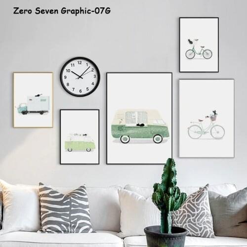 Cartoon Car With Cat Illustration Canvas Painting Posters And Prints Art Wall Pictures Childrens Room Bedroom Home Decoration