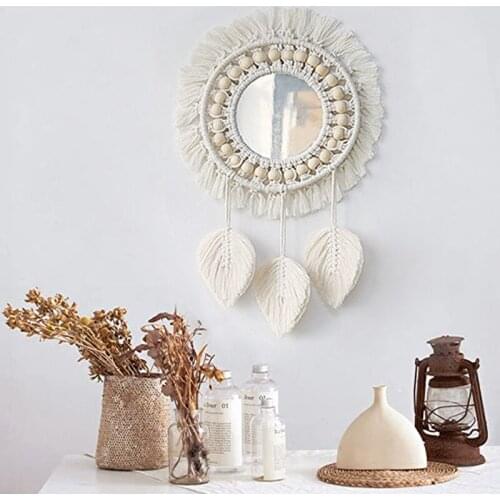Wall Mirror Decoration Tapestry Wall Hanging Handmade Wall Art Wood Bead Garland for Living Room Farmhouse Boho Home Deocr