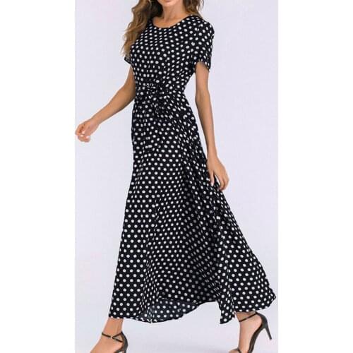 40# Polka Dot Summer Dress Bandage Long Maxi Dress Chiffon Robe Longue O-neck Short Sleeve Robe Femme Vintage Dress Платье 2021