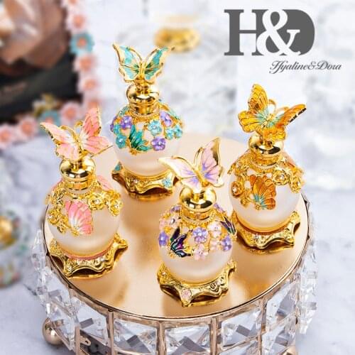 H&D 4 Color Gold Butterfly Perfume Bottle Retro Glass Empty Refillable Essential Oil Container Home Wedding Decor Ladys Gift